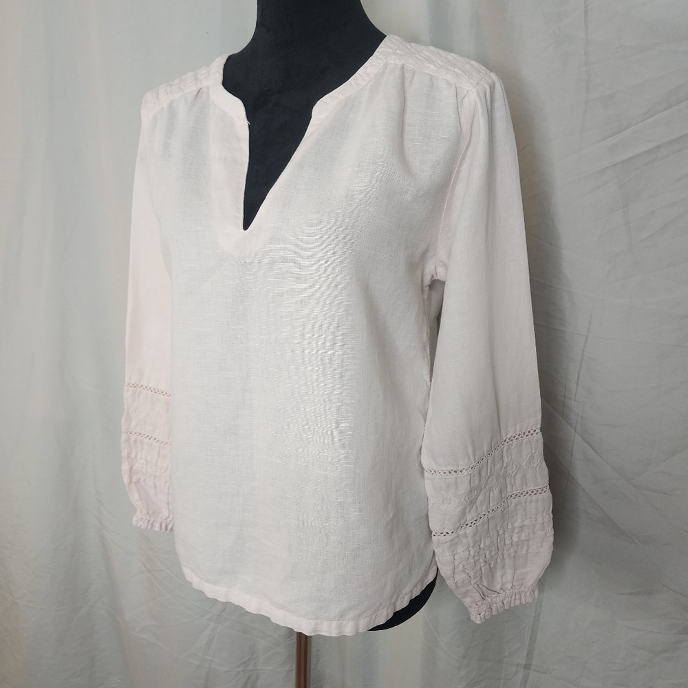 RACHEL ZOE Size Small Pink‎ Linen Cotton Balloon Sleeve Split Band V-neck Blouse - Picture 5 of 12